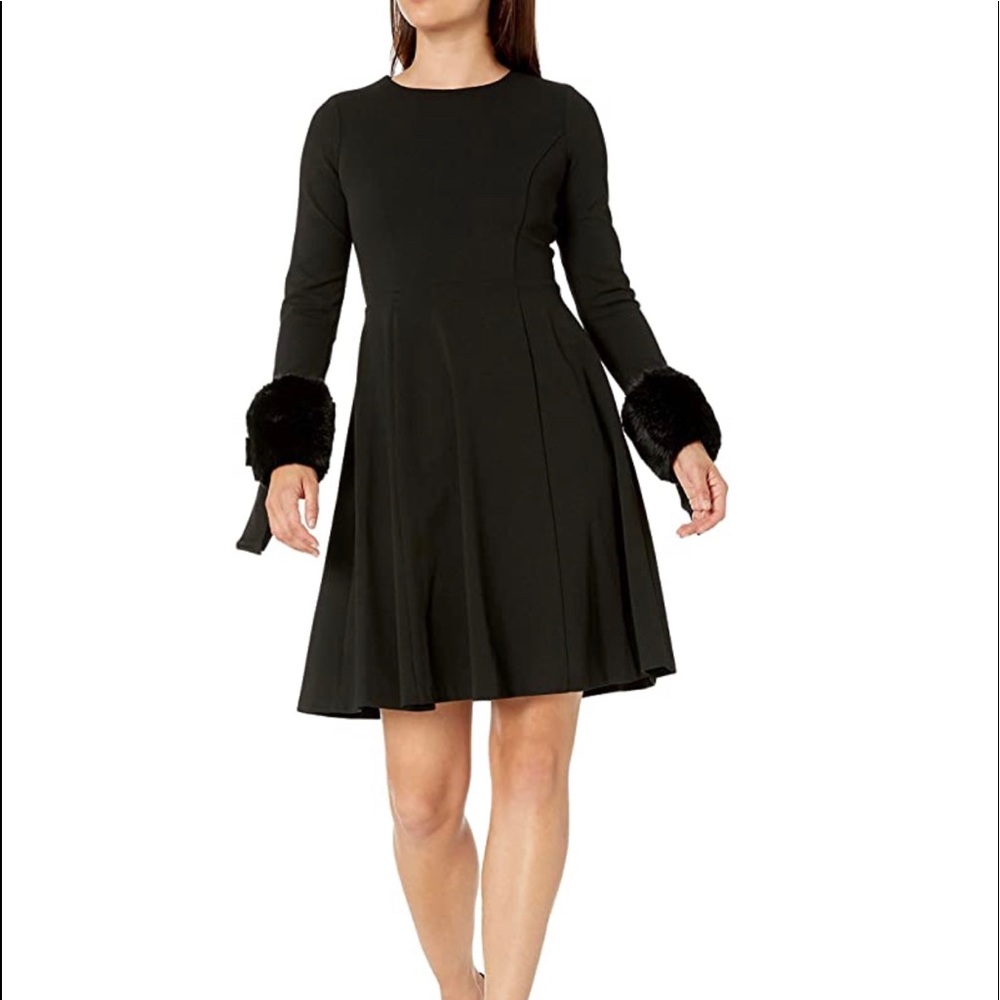 Calvin Klein Black Long Sleeve Fit & Flare Dress with Faux fur trim